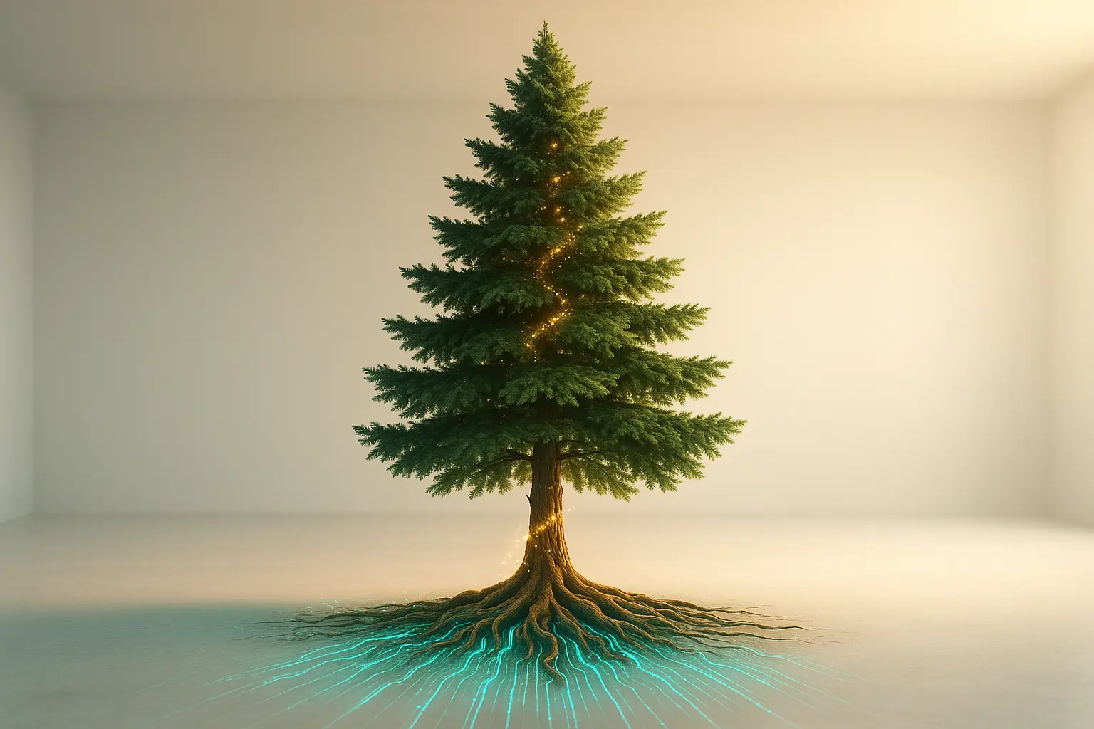 Contenu evergreen SEO : arbre aux racines lumineuses